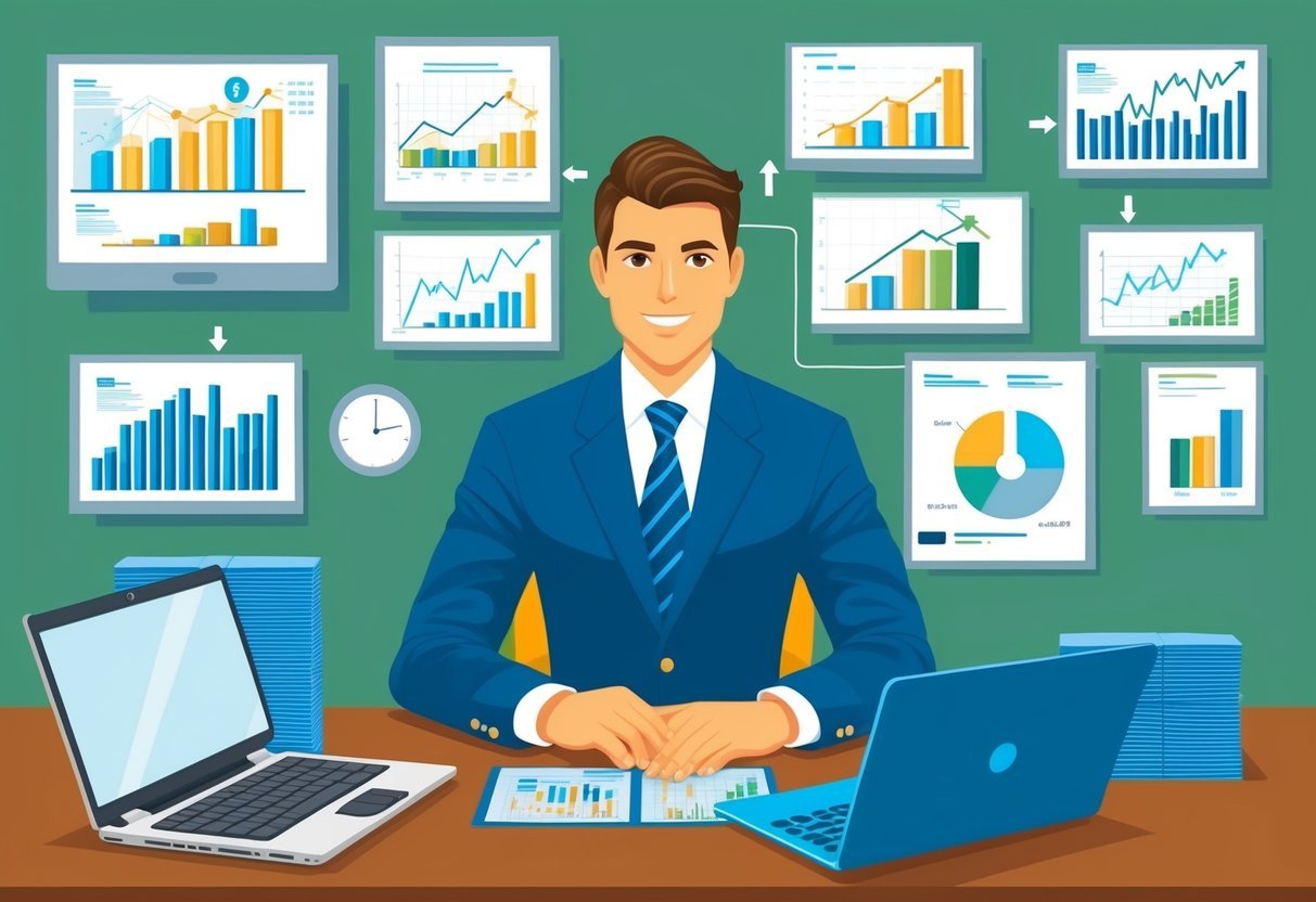 A banker sitting at a desk, surrounded by financial charts and graphs, with a calculator and laptop open, indicating progression in their career path