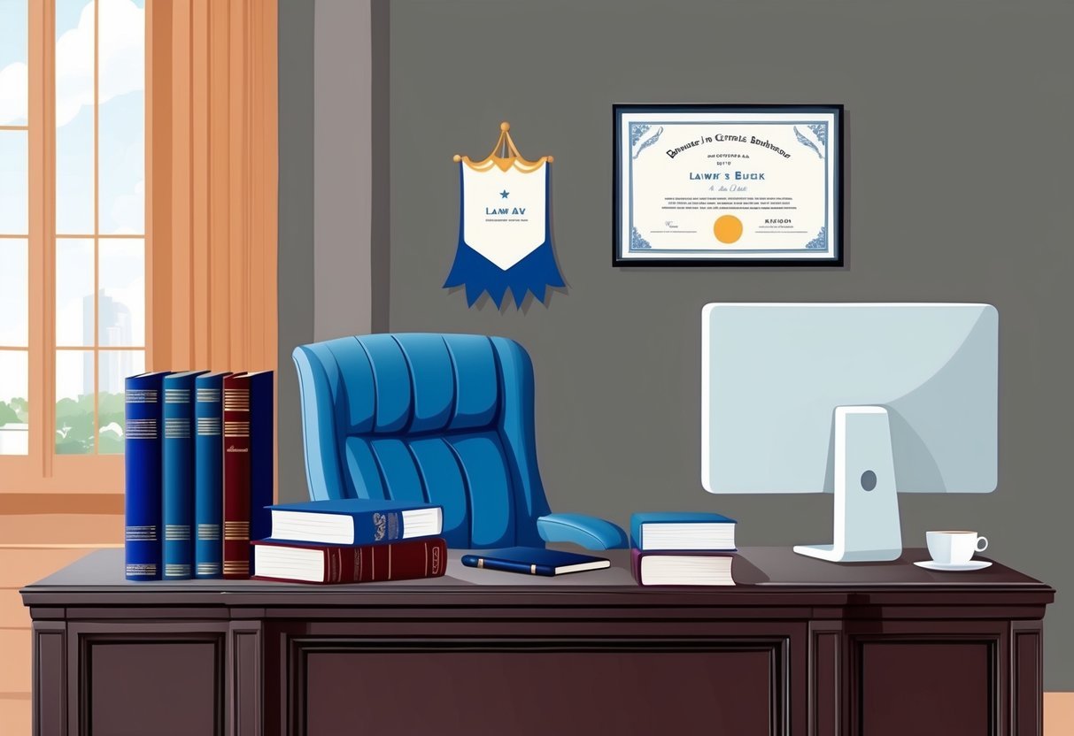 A lawyer's desk with law books, a computer, and a diploma on the wall