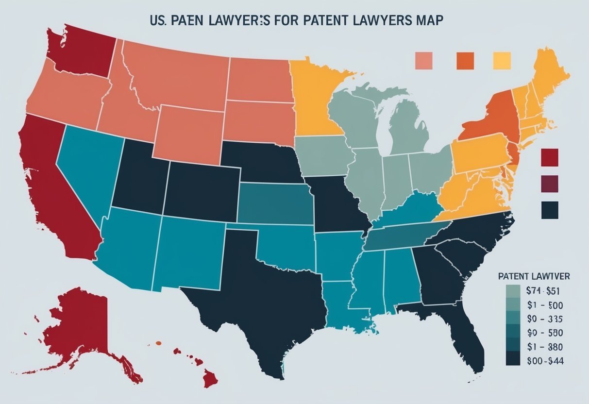 A map of the United States with varying shades of color to represent different levels of pay for patent lawyers in different regions