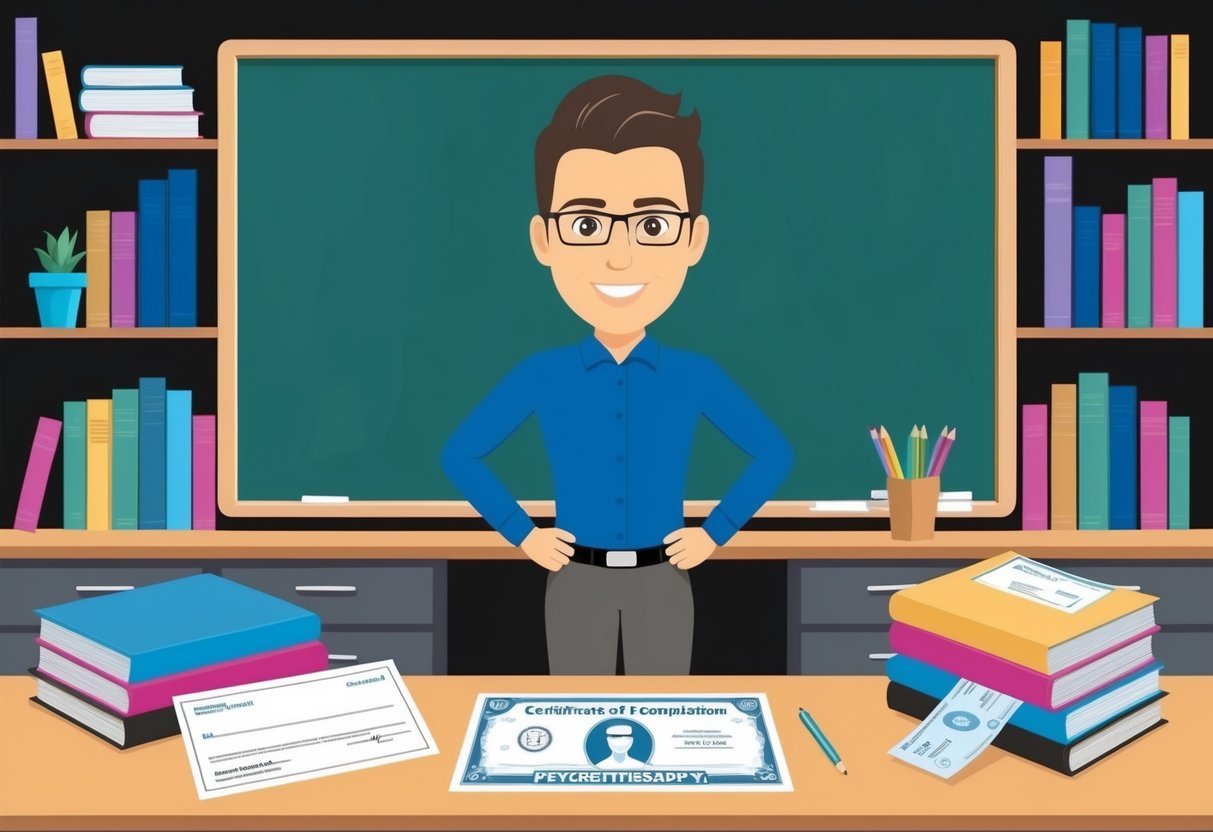 A psychotherapist standing in front of a chalkboard, surrounded by books and educational materials.</p><p>A certificate of completion and a paycheck are displayed on the desk