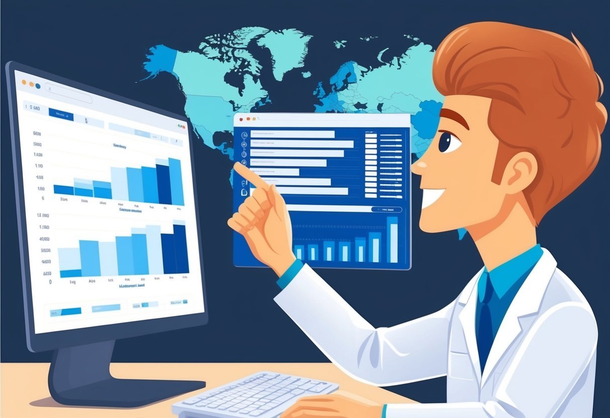 A scientist in a lab coat compares data charts on a computer screen.</p><p>Nearby, a map displays regional salary comparisons