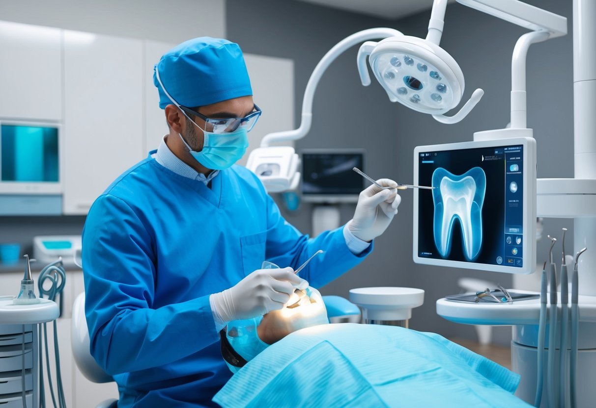 An endodontist working in a modern dental office, surrounded by specialized equipment and tools, examining an x-ray of a patient's tooth