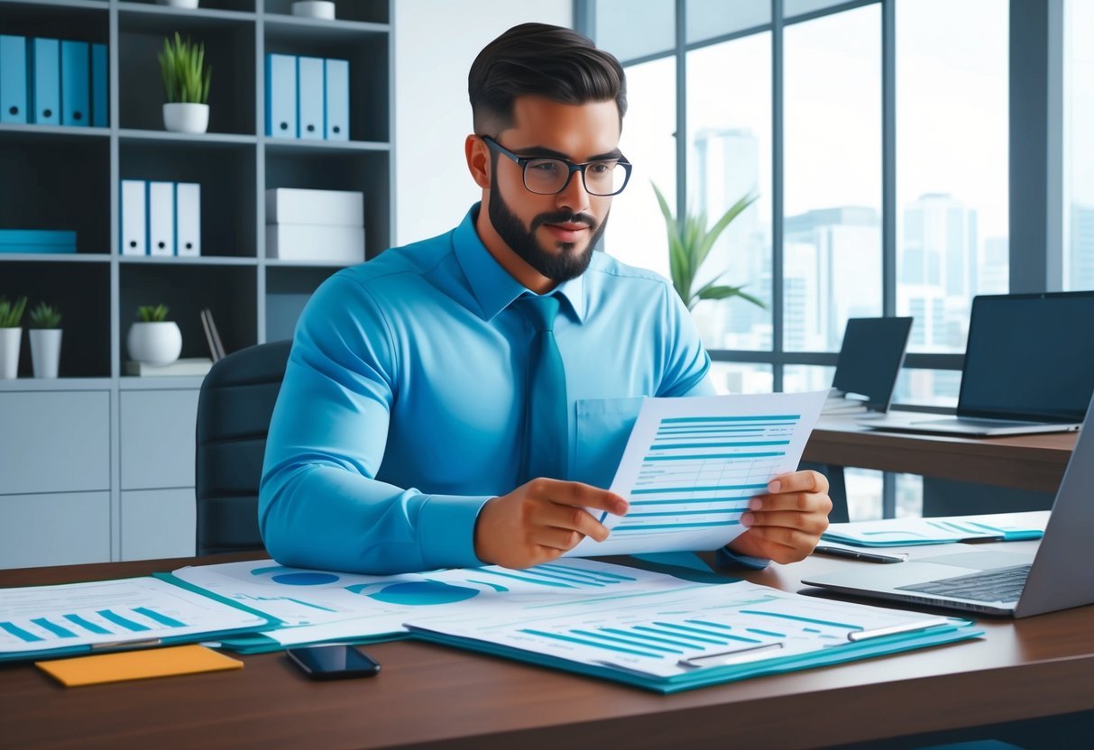 A credit analyst reviewing financial documents and spreadsheets at a desk in a modern office