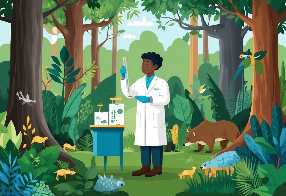 A scientist conducting field research in a lush, biodiverse forest, surrounded by trees, plants, and wildlife, while taking measurements and samples