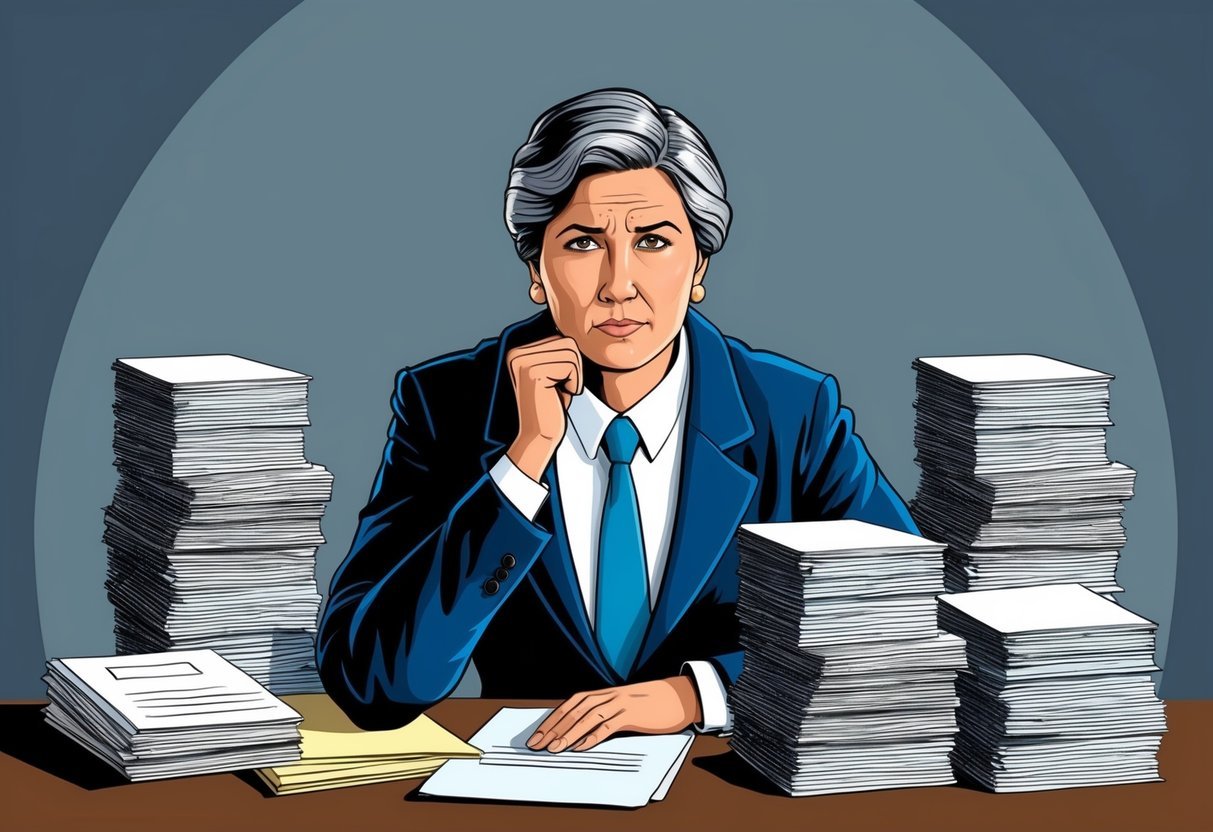 A public defender sits at a desk, surrounded by stacks of legal documents and case files.</p><p>They appear deep in thought, considering the challenges of their work