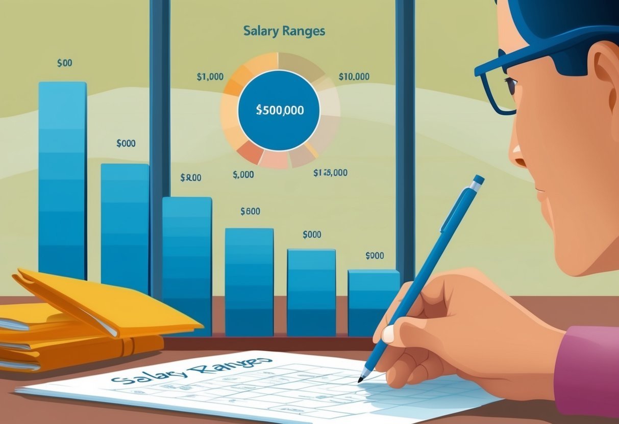 A person writing a number on a piece of paper while looking at a chart of salary ranges