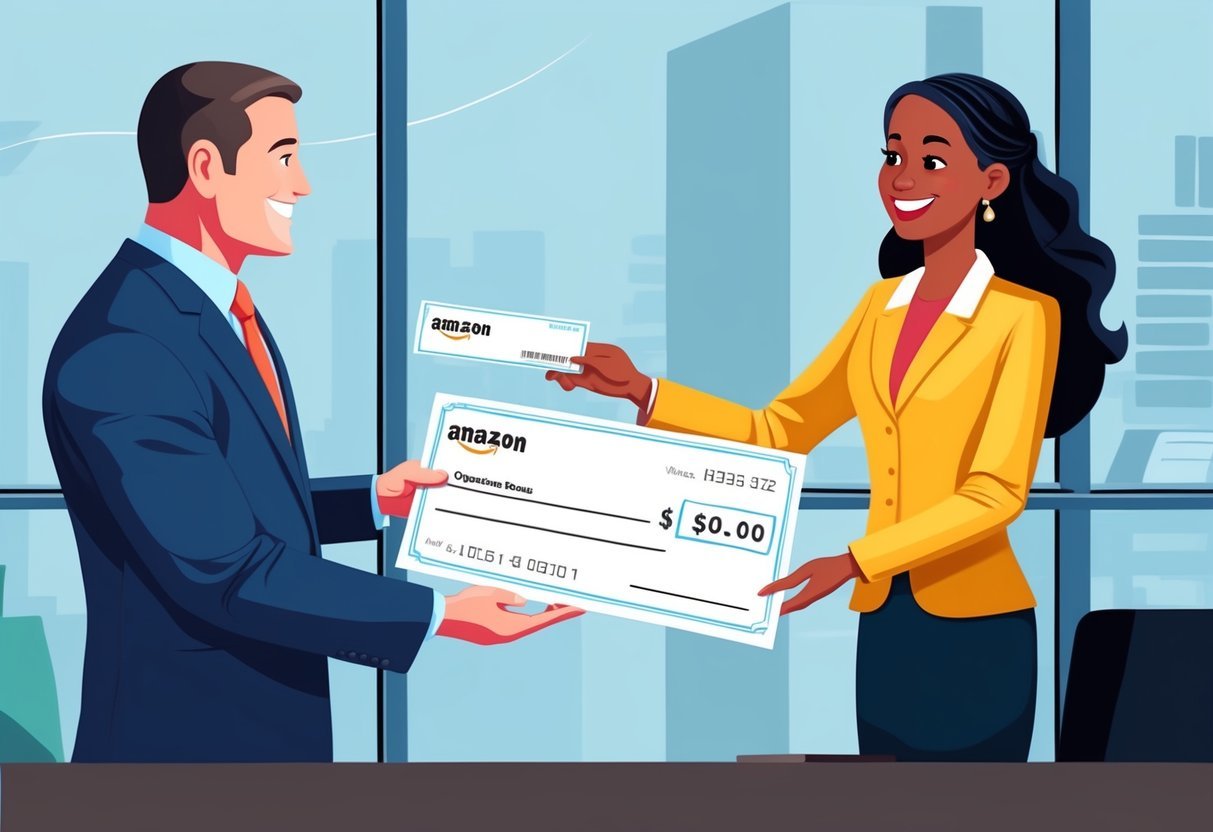 An Amazon operations manager receiving a bonus check from a company executive