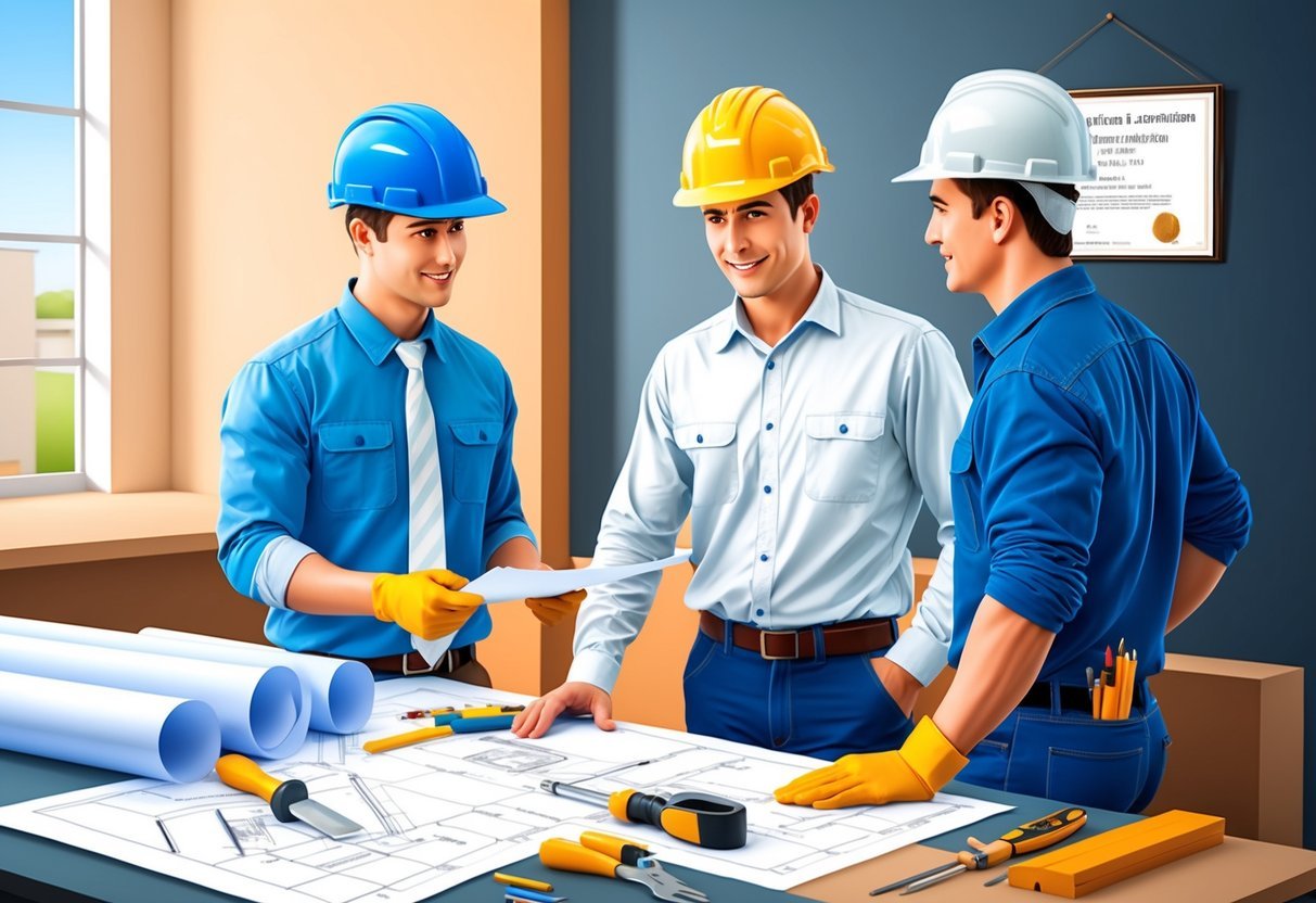 An architect and construction worker discussing plans at a job site.</p><p>Blueprints and tools scattered on a table.</p><p>A diploma and certificate hanging on the wall