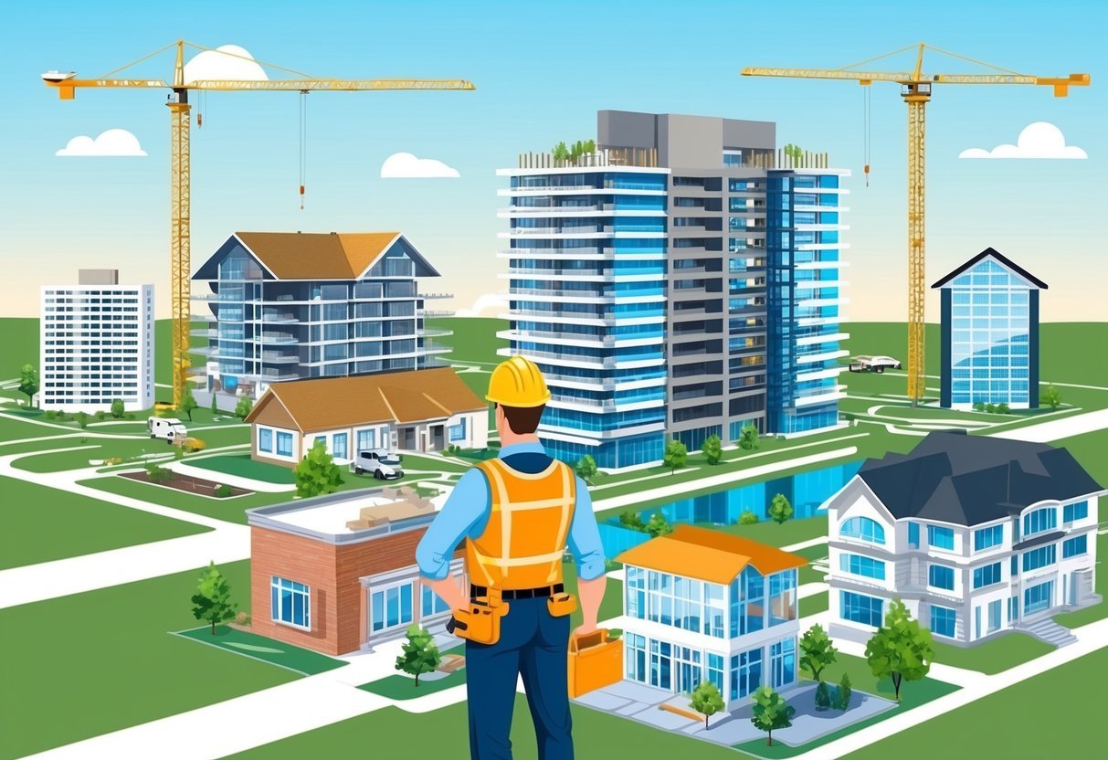 A general contractor overseeing a large construction site with various ongoing projects, including residential and commercial buildings, showcasing the diverse income opportunities associated with different types of construction projects