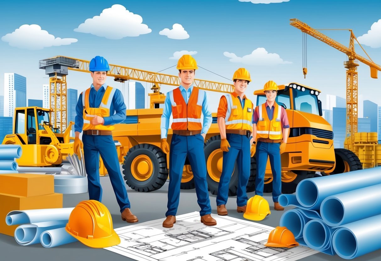 A bustling construction site with workers in hard hats and heavy machinery, surrounded by blueprints and building materials