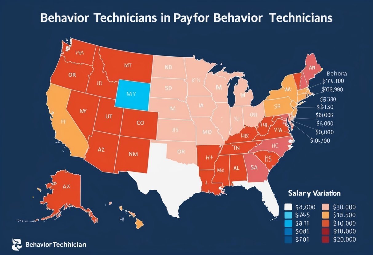 A map showing salary variations for behavior technicians in different geographical regions