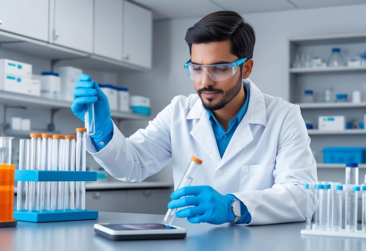 A medical lab scientist in a white coat working with test tubes and equipment in a modern laboratory