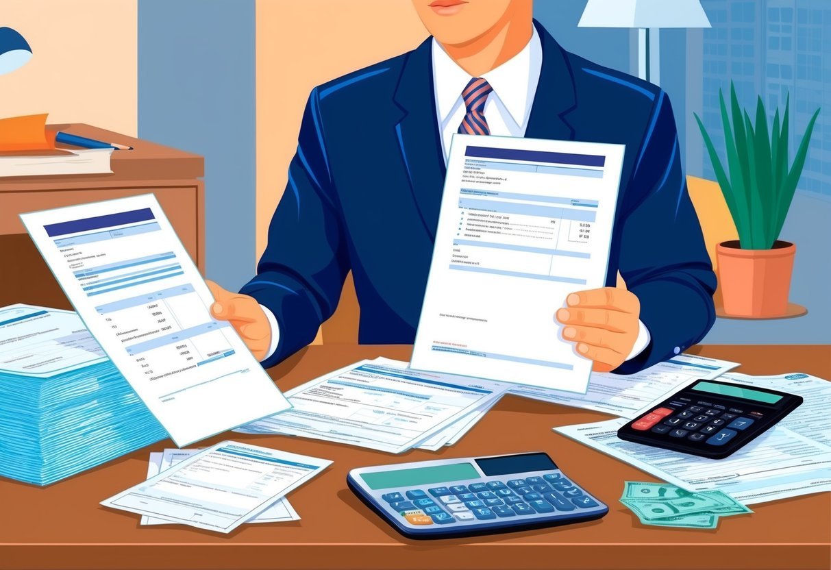 An enrolled agent reviewing financial documents at a desk, surrounded by tax forms and a calculator