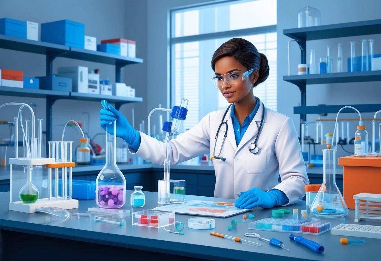 A medical lab scientist working in a laboratory, surrounded by various scientific equipment and tools, analyzing samples and conducting experiments