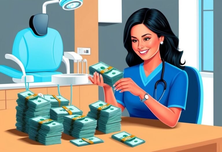 Smiling dentist surrounded by stacks of money in a dental office