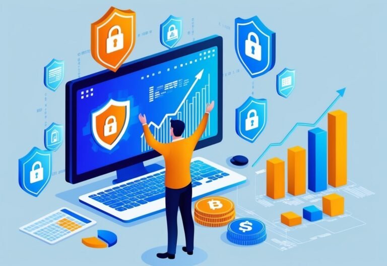 Man celebrating financial growth with security shields and cryptocurrency