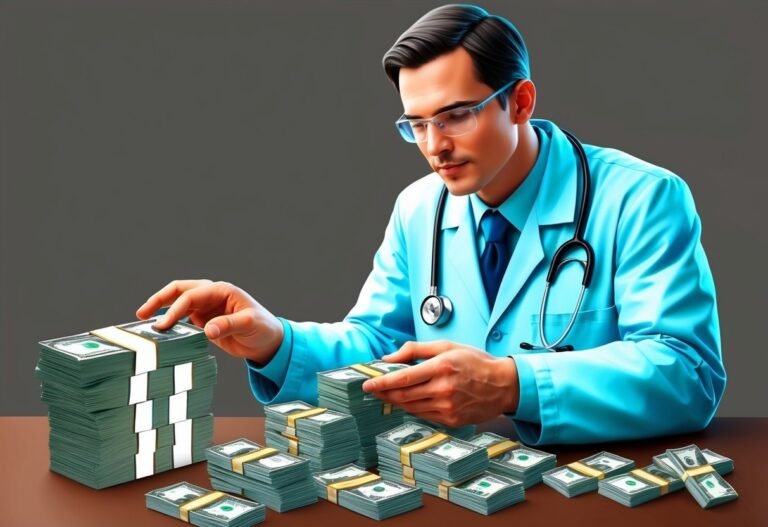 Doctor in a lab coat counting stacks of money on a table