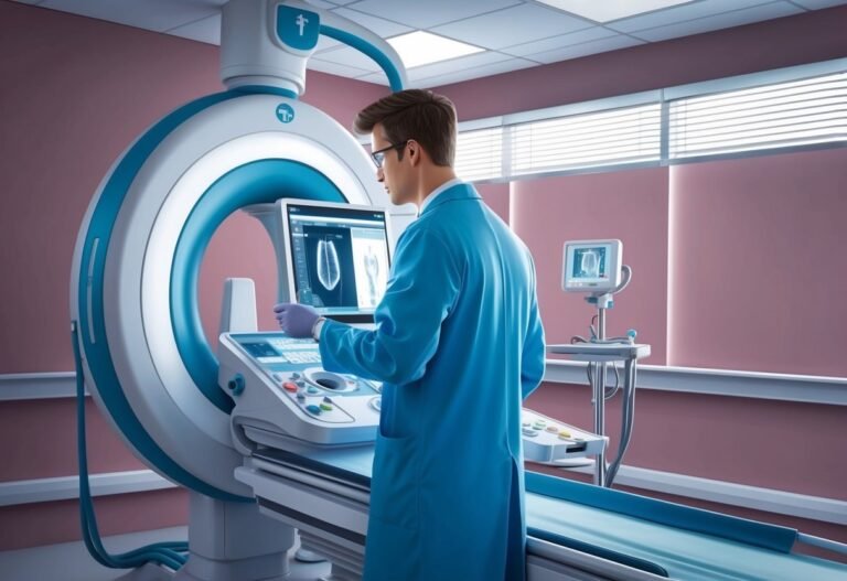 Doctor in blue coat examining a CT scan in a medical facility