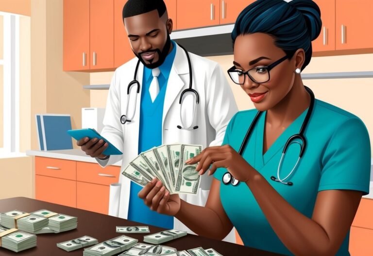 Two doctors count money in a room with stacks of cash on the table