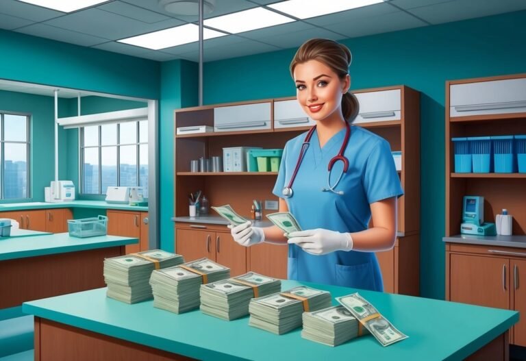 Smiling nurse in scrubs counts money next to stacks of cash