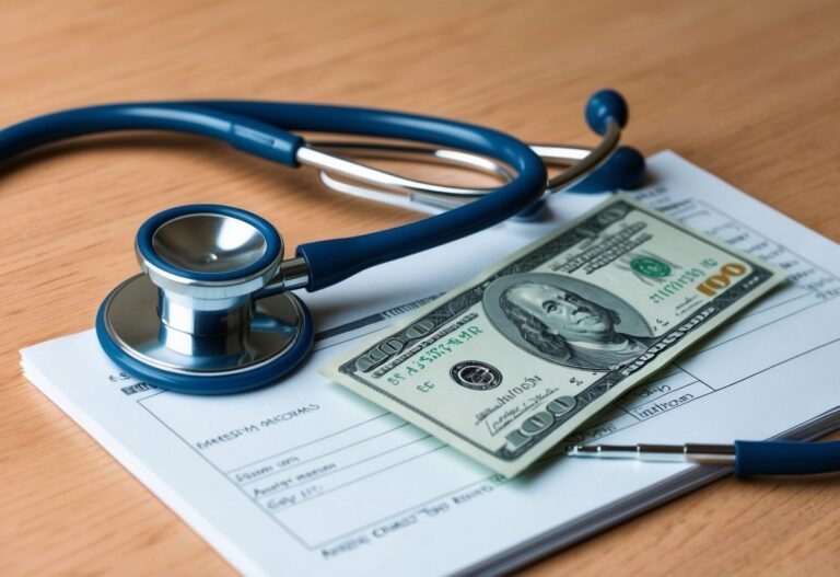 Stethoscope, hundred dollar bill, and medical paperwork on a wooden surface