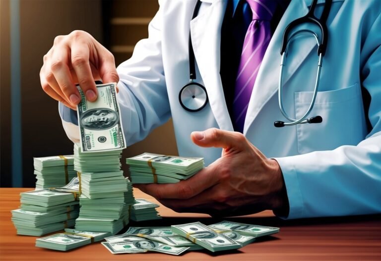 Doctor in white coat holding stacks of hundred dollar bills
