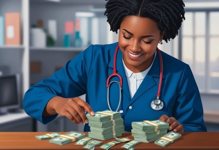Smiling doctor with stethoscope counting stacks of money on a table