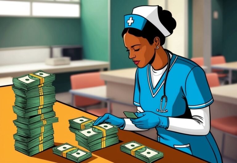 Nurse counting stacks of money on a table in a medical office setting