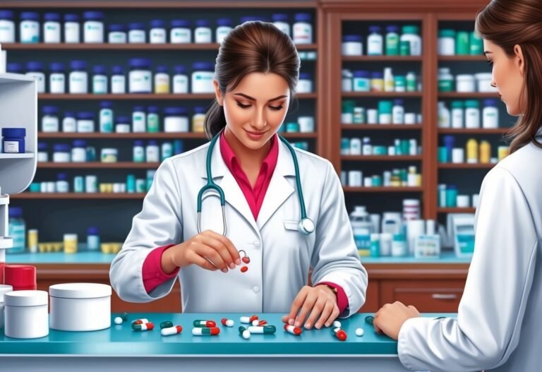 Two pharmacists in lab coats counting pills at a pharmacy counter