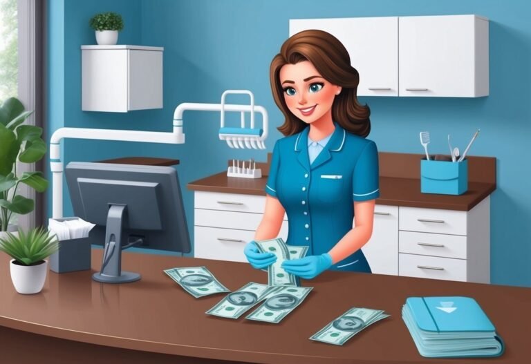 Smiling dental assistant counting money in a modern office setting