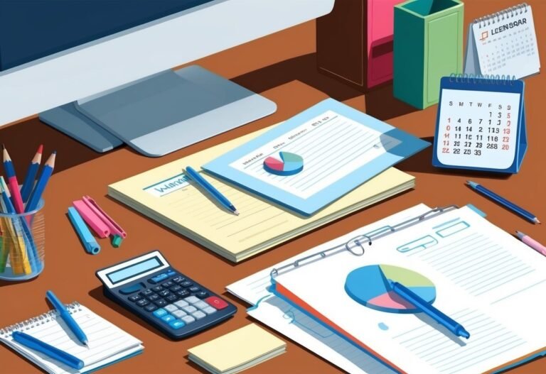 Desk with documents, calculator, calendar, and stationery supplies