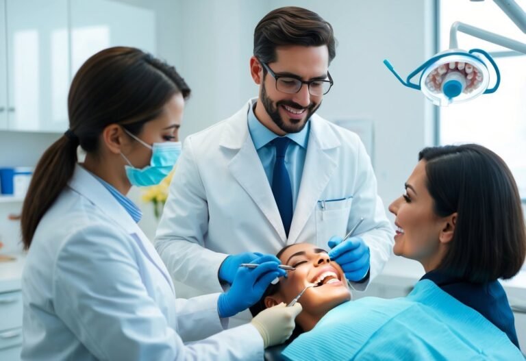 Dentist and assistant examining a patient's teeth in a dental office
