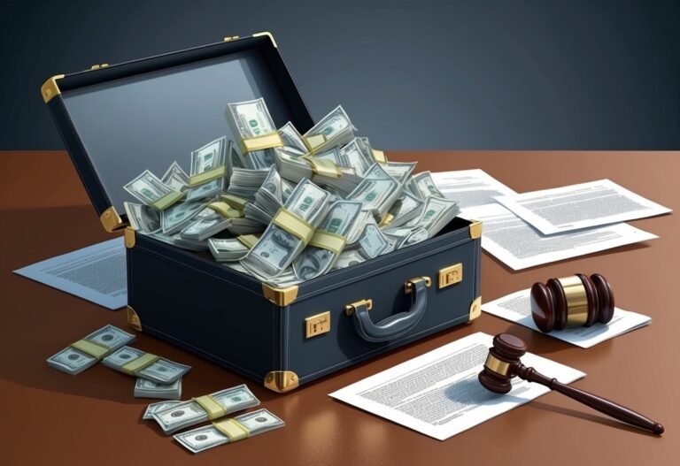 Briefcase overflowing with cash, legal documents, and a judge's gavel
