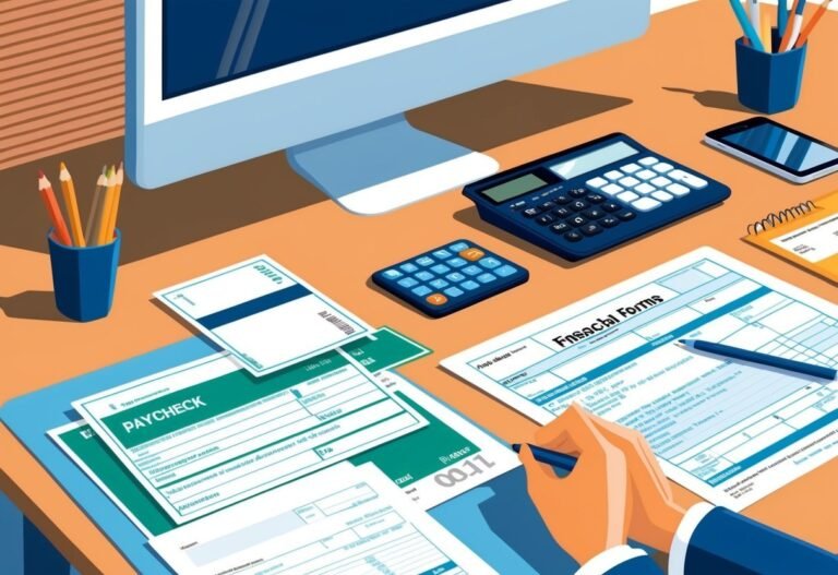 Desk with financial forms, calculator, and a person filling out paperwork