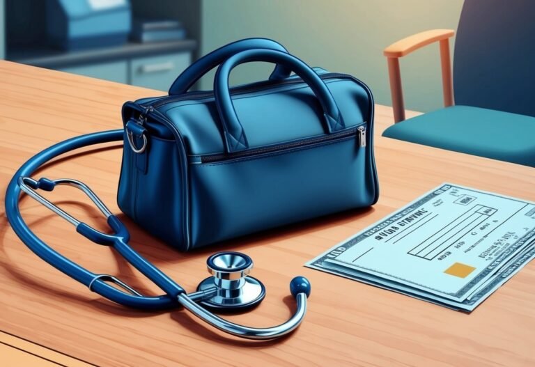 Blue medical bag, stethoscope, and paperwork on a wooden table