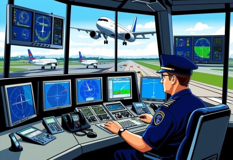 Air traffic controller monitoring screens with planes landing and taking off
