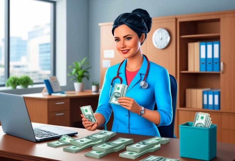 Smiling doctor in scrubs counts stacks of money at a desk