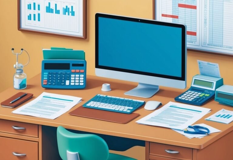 Desk with computer, calculator, documents, and medical equipment