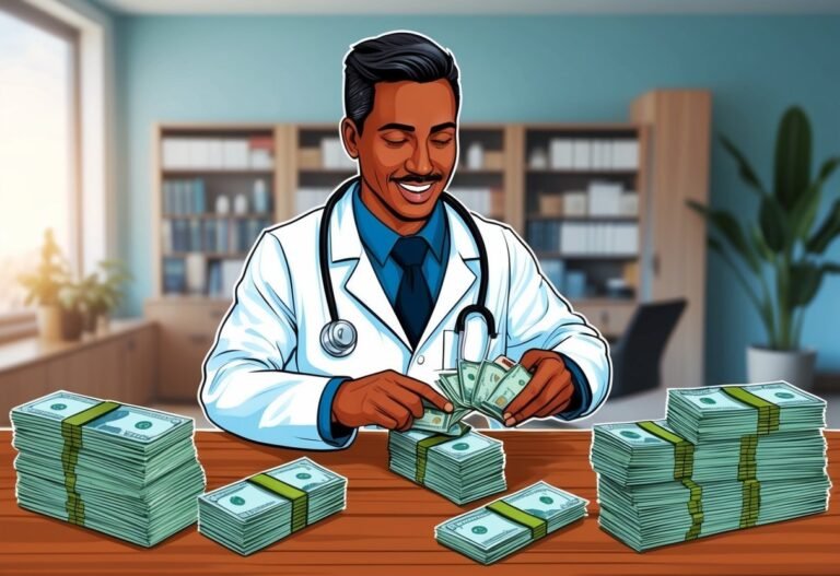 Doctor counting stacks of money on a desk in an office setting