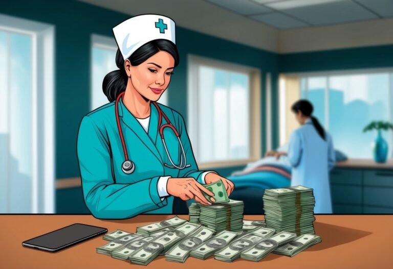 Nurse counting stacks of money in a hospital room, another nurse in background
