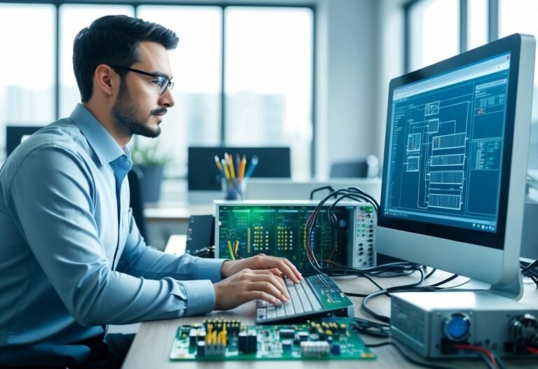 Man working on computer with circuit boards and electronic equipment