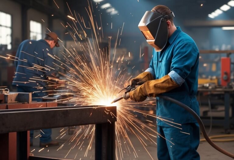 Welder in protective gear working with sparks in a workshop