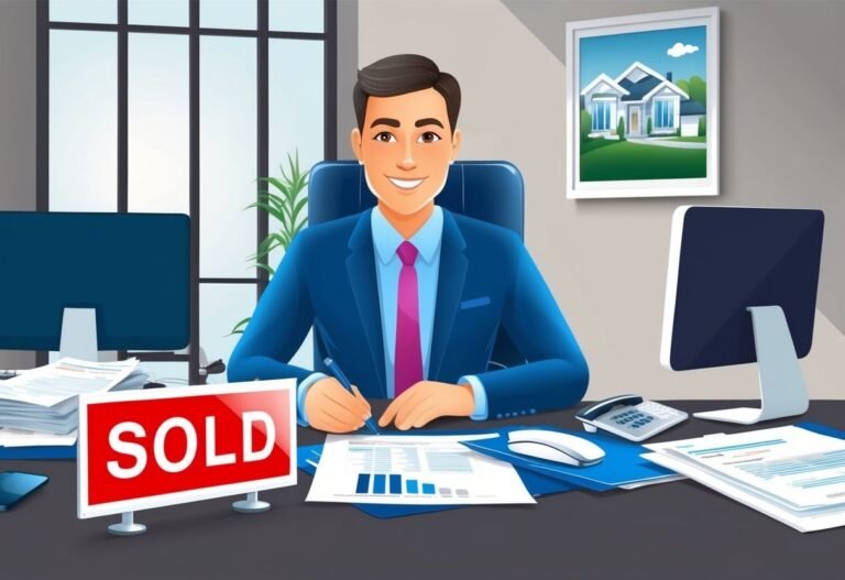 Smiling realtor in suit signing documents with "SOLD" sign on desk