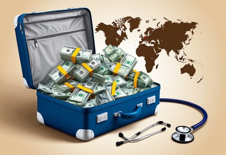 Suitcase overflowing with money, stethoscope, and world map background