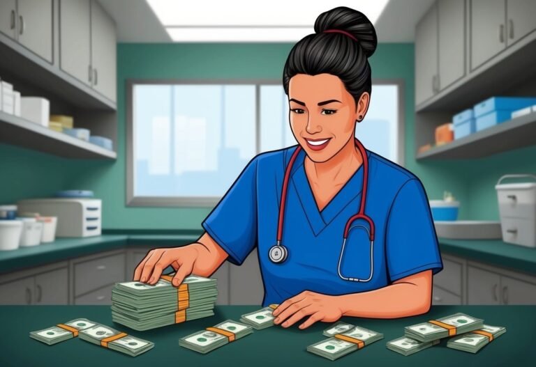 Nurse in scrubs smiles while counting stacks of money on a table