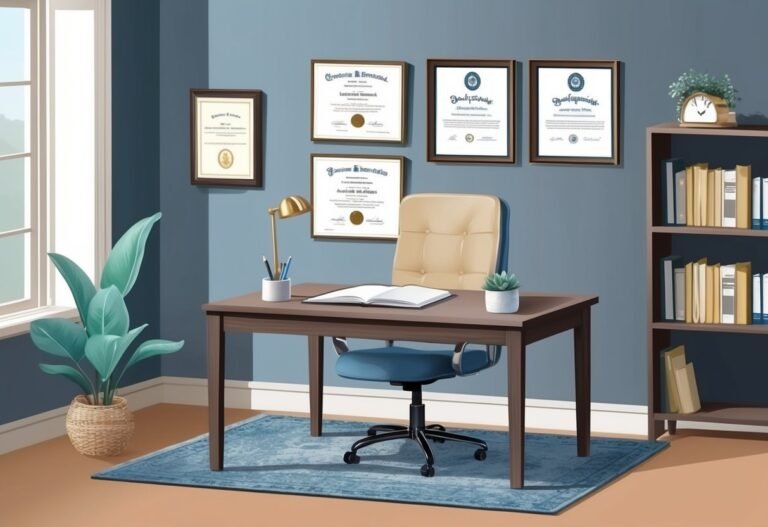 Cozy office with desk, chair, diplomas, bookshelf, and a large houseplant