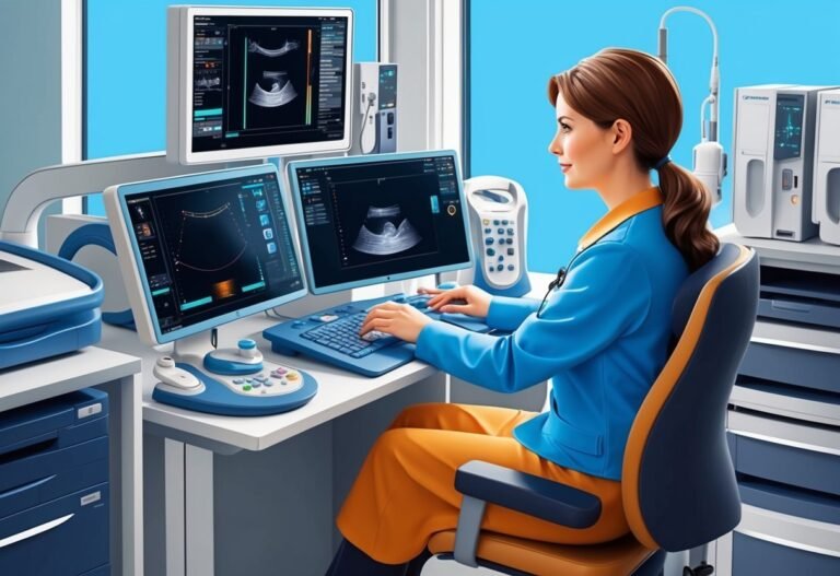Woman using ultrasound machine, looking at monitors with medical images