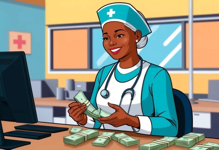 Nurse counting stacks of money at a desk in a medical office