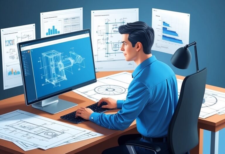 Man working on a computer with blueprints and technical drawings