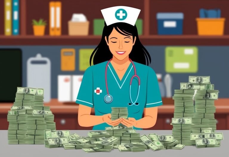 Nurse surrounded by stacks of money, smiling, wearing scrubs and stethoscope